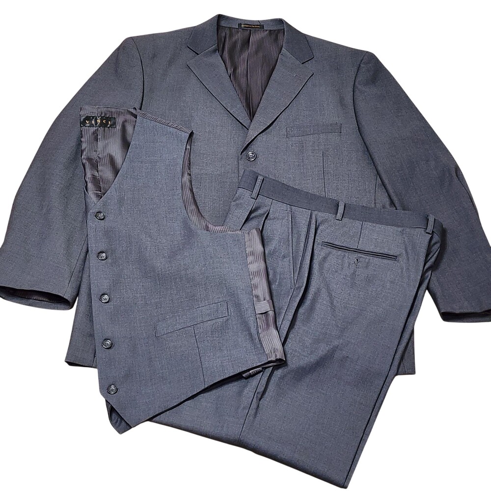 Vinci Suit Mens 44 38x29 Gray Poly Rayon Solid 3 Piece Classic Fit Notch Lapel
